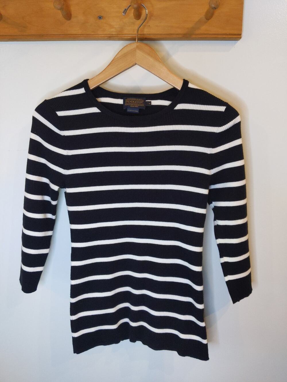 PENDLETON Black White Striped Long Sleeve Top Ribbed Cotton Parisian Chic M